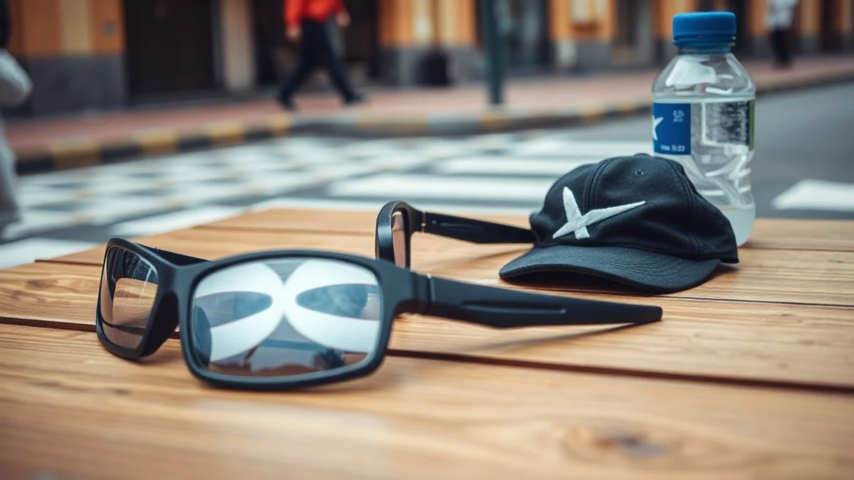 Imagen ilustrativa: gafas de eclipse sobre una mesa de madera con una botella de agua y una gorra, vistas desde arriba.