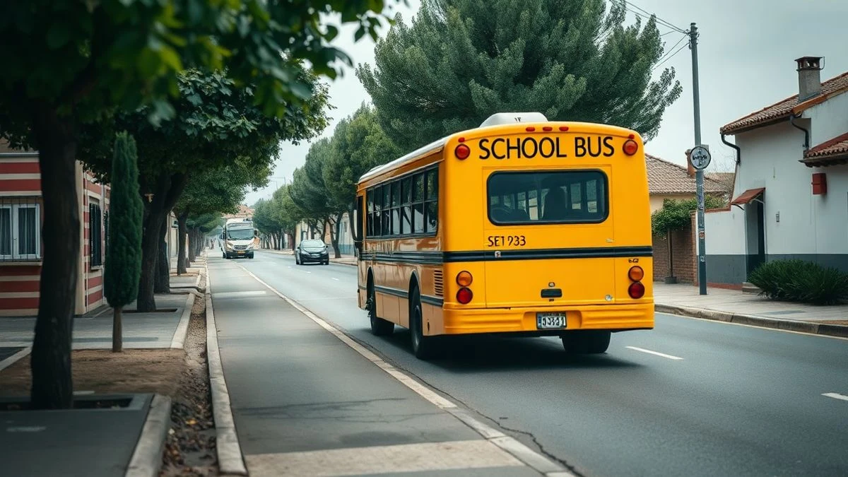 Imagen ilustrativa: autobús escolar amarillo aparcado en una calle residencial de un pueblo español.