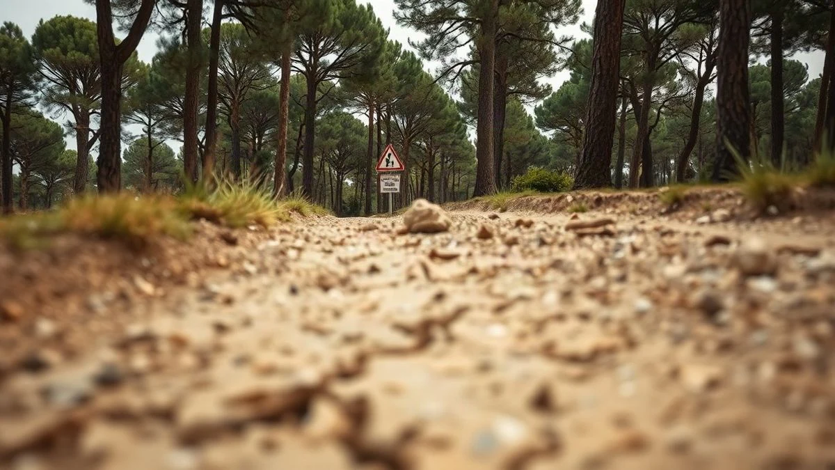 Imagen ilustrativa: camino seco y agrietado en un bosque mediterráneo bajo un sol intenso, con un cartel genérico de peligro de incendio al fondo.