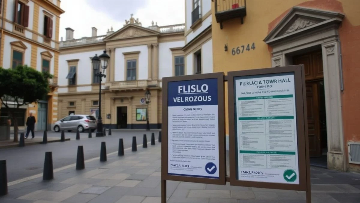 Imagen ilustrativa: un tablón de anuncios municipal con documentos oficiales en una calle de un pueblo español