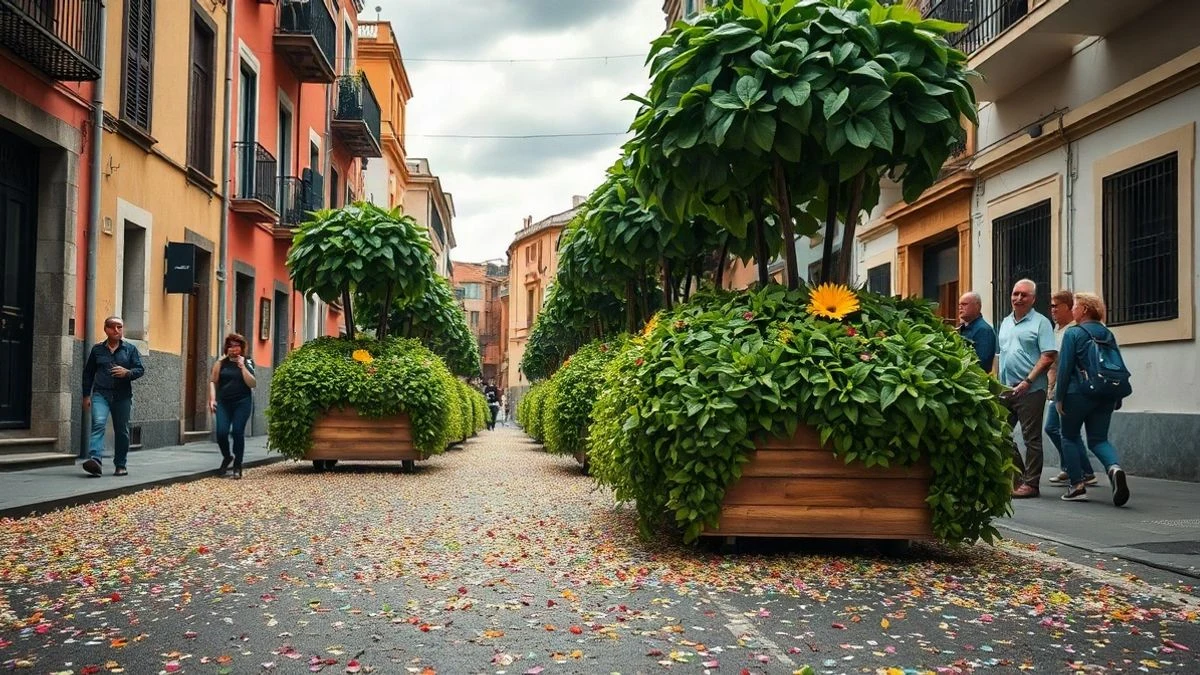 Imagen ilustrativa: calle cubierta de confeti con plantas de albahaca decoradas al fondo durante una fiesta tradicional.
