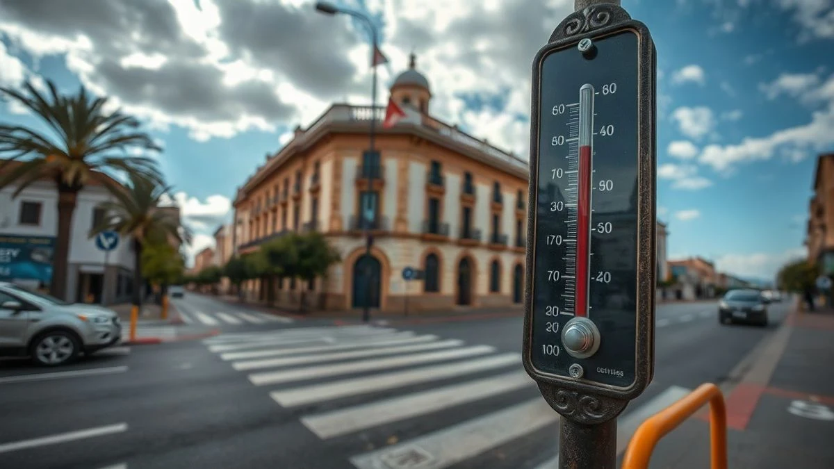 Imagen ilustrativa: calle vacía de un pueblo español bajo el sol intenso, con un edificio municipal al fondo y un termómetro en primer plano.