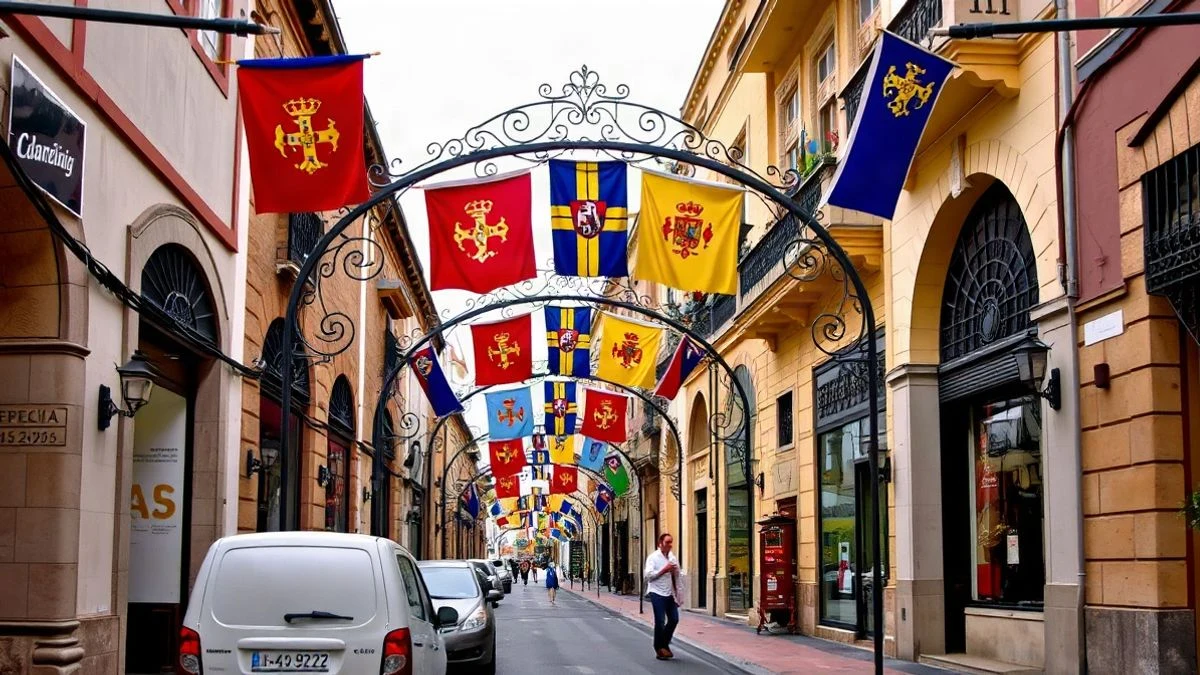 Imagen ilustrativa: arcos ornamentales decorados con motivos heráldicos en una calle de una localidad española durante unas fiestas.