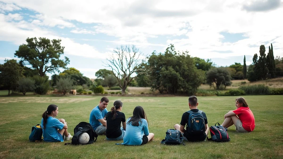 Imagen ilustrativa: grupo de jóvenes de espaldas en un campamento de verano al aire libre