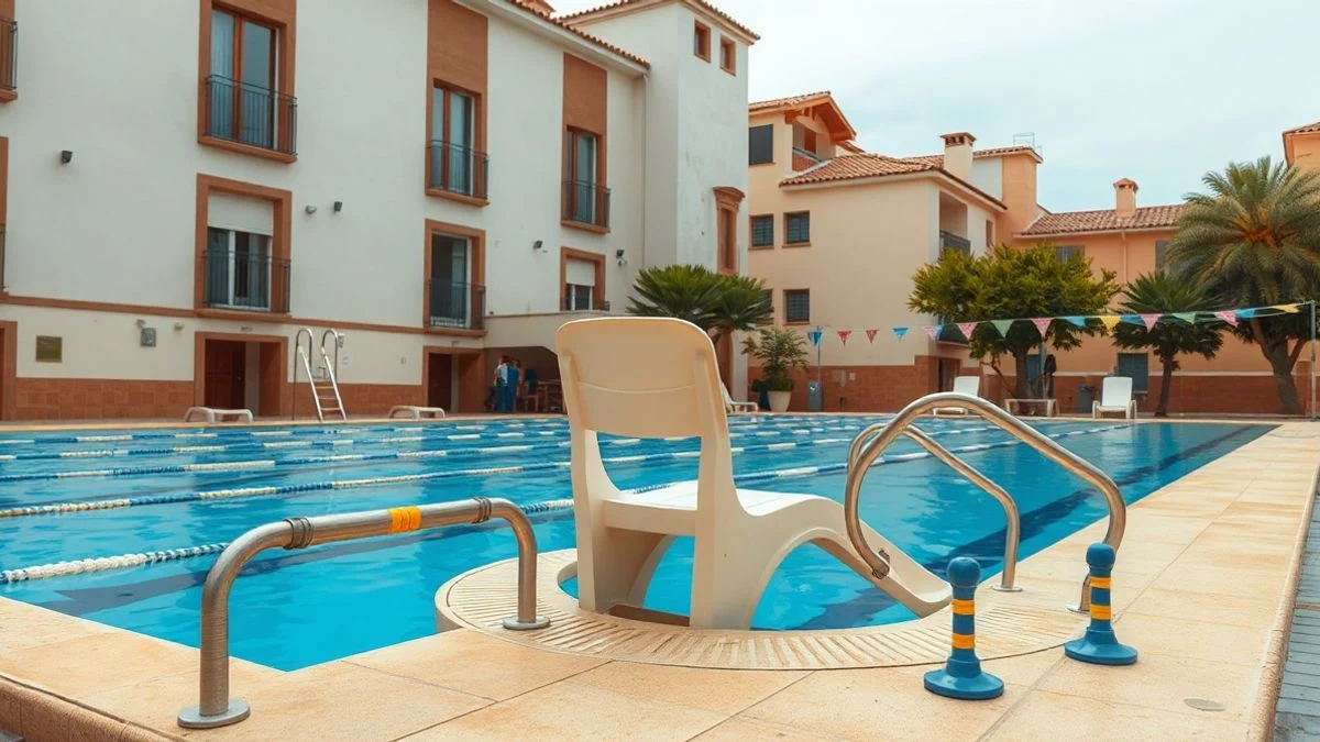 Imagen ilustrativa: una piscina municipal vacía con la silla del socorrista y el agua en calma, en un día nublado.