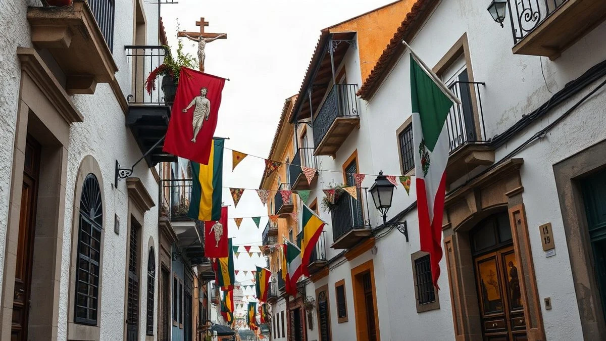 Imagen ilustrativa: calle empedrada con balcones decorados con banderas festivas en un pueblo valenciano