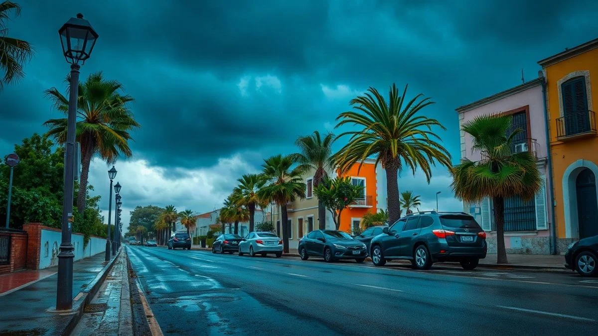 Imagen ilustrativa: calle de una localidad costera española bajo un cielo tormentoso, con lluvia y palmeras movidas por el viento