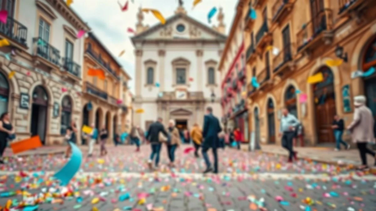 Imagen ilustrativa: confeti y ambiente festivo en una plaza de pueblo durante una celebración tradicional.