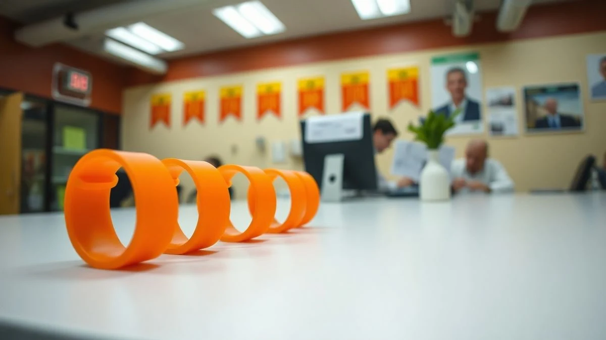 Imagen ilustrativa: pulseras de silicona naranja sobre una mesa en una oficina, con taquillas de fondo.