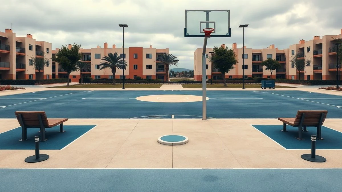 Imagen ilustrativa: un parque urbano con zonas de juegos infantiles y una pista deportiva, en un entorno residencial.