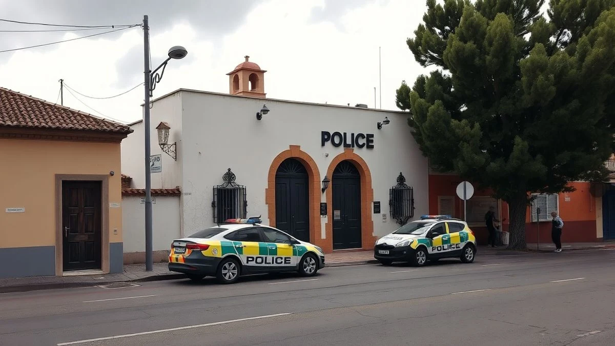 Imagen ilustrativa: fachada de una comisaría de policía local en una calle española, con coches patrulla aparcados y cielo nublado.