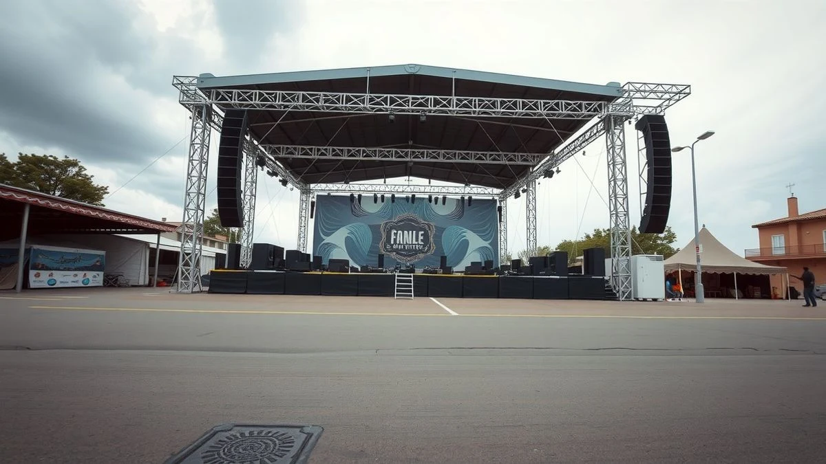 Imagen ilustrativa: escenario de concierto al aire libre en un recinto ferial, con carpas y estructura metálica, sin público.