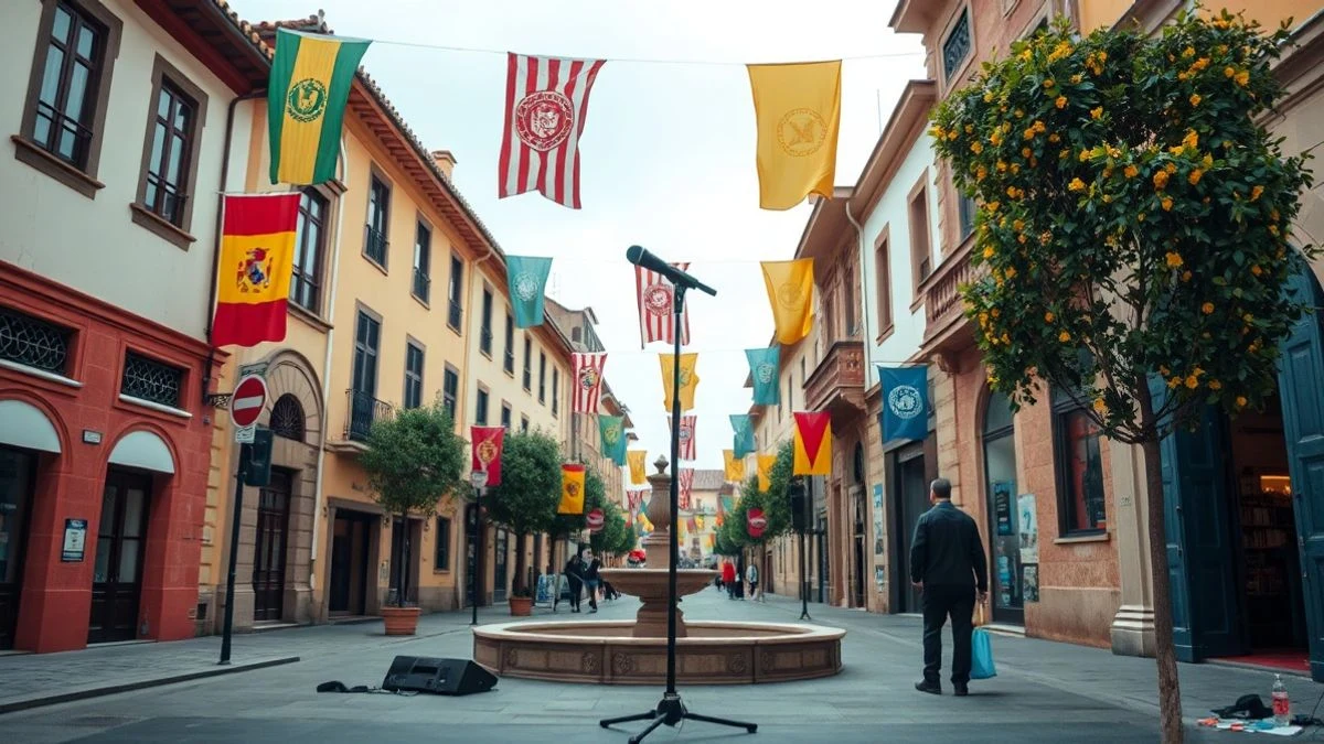 Imagen ilustrativa: calle de un pueblo español engalanada con banderines y un escenario al fondo, con gente de espaldas en la distancia.
