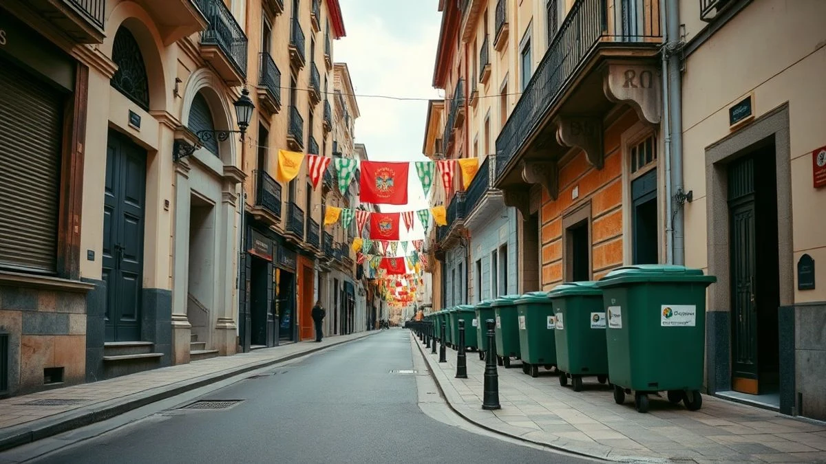 Imagen ilustrativa: calle estrecha con banderines festivos y contenedores de basura verdes en la acera, sin personas.