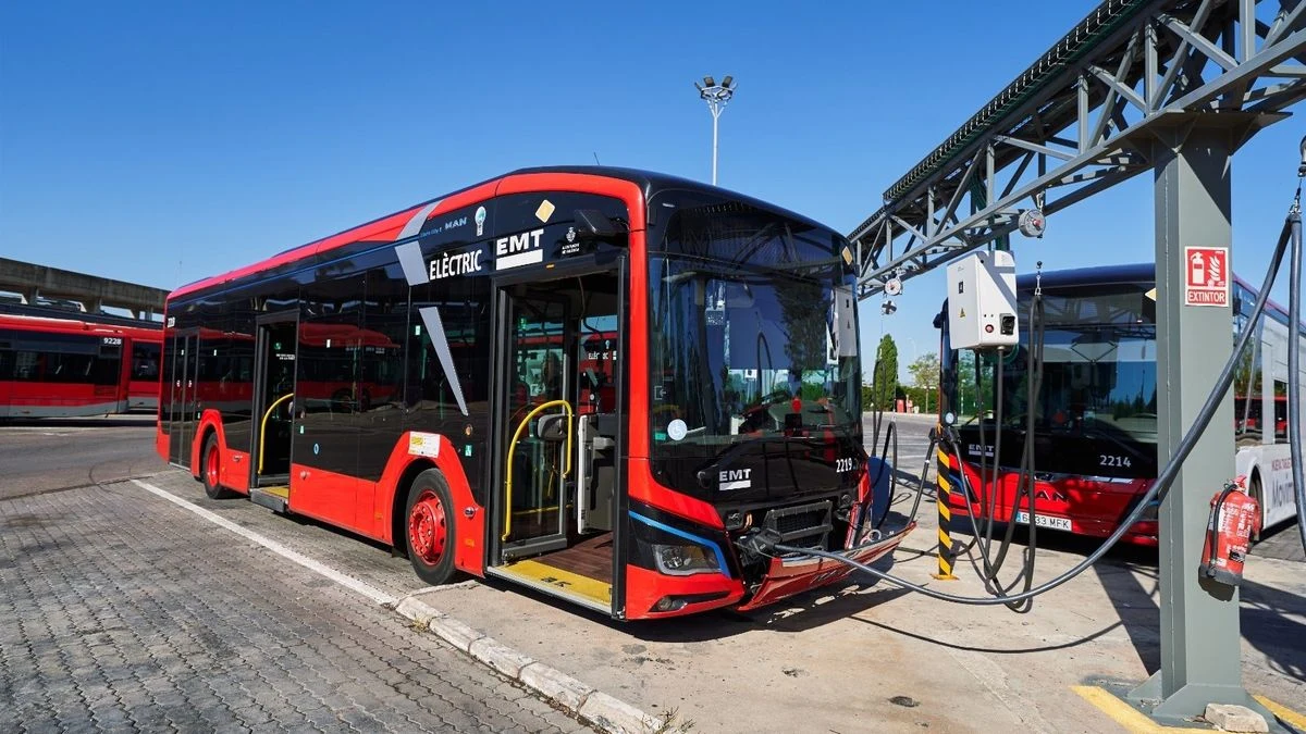 Imagen ilustrativa: vista aérea de un depósito de autobuses con varios vehículos eléctricos estacionados y puntos de carga.