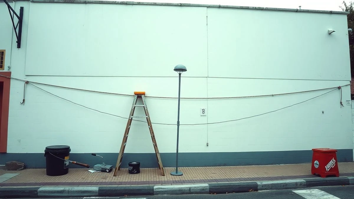 Imagen ilustrativa: una pared blanca de un pabellón deportivo con una escalera y un rodillo de pintar, en una calle española corriente.
