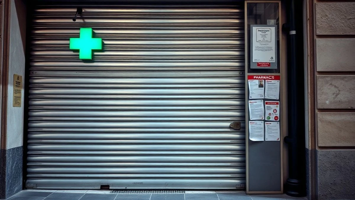 Imagen ilustrativa: fachada de una farmacia con la persiana bajada y el cartel de cruz verde encendido.