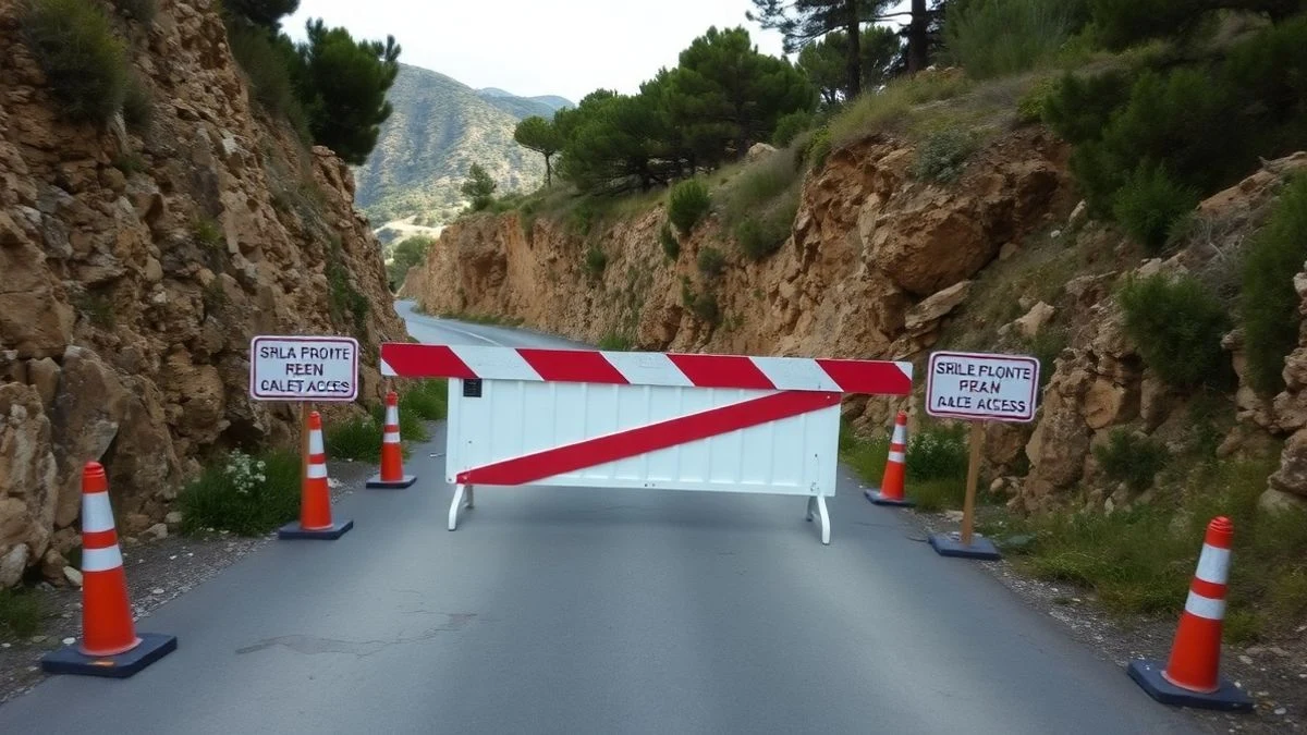 Imagen ilustrativa: carretera rural con barrera y conos de tráfico en una zona de colinas con pinos, bajo un cielo parcialmente nublado.