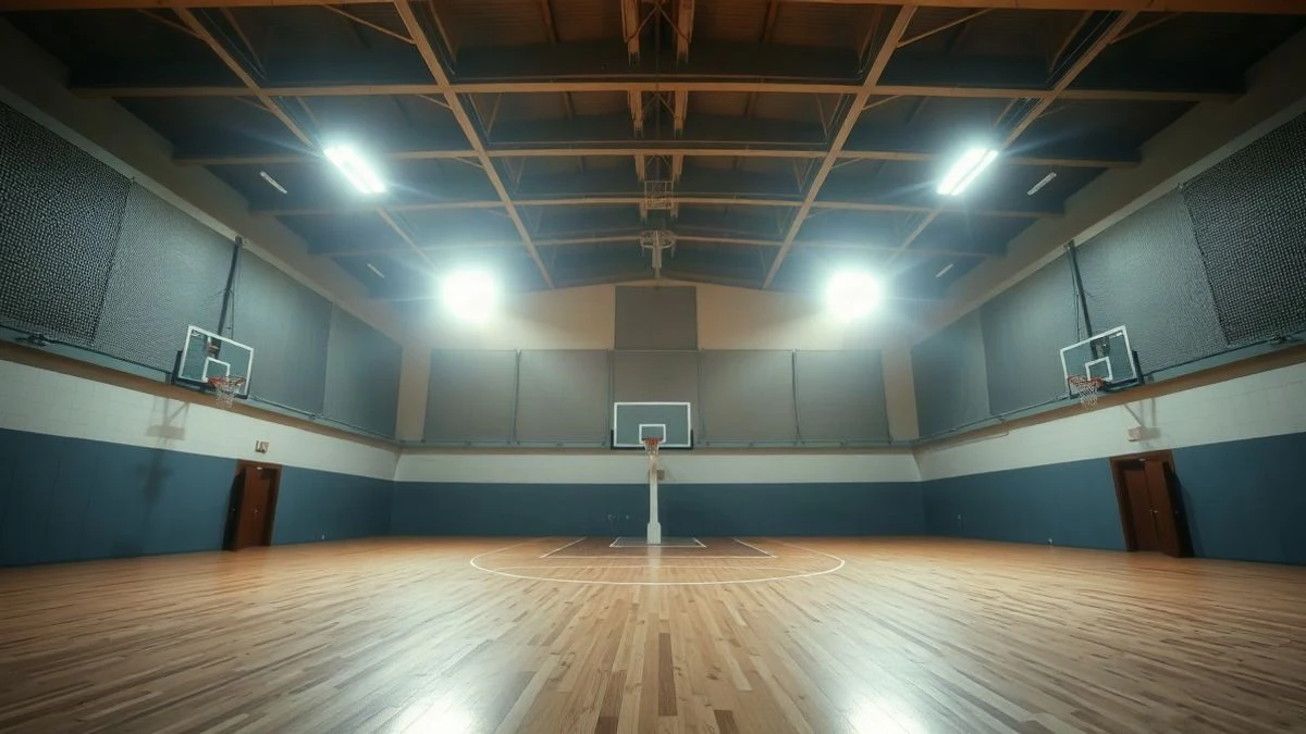 Imagen ilustrativa: interior de un pabellón deportivo vacío con pista de parqué brillante bajo focos nocturnos.
