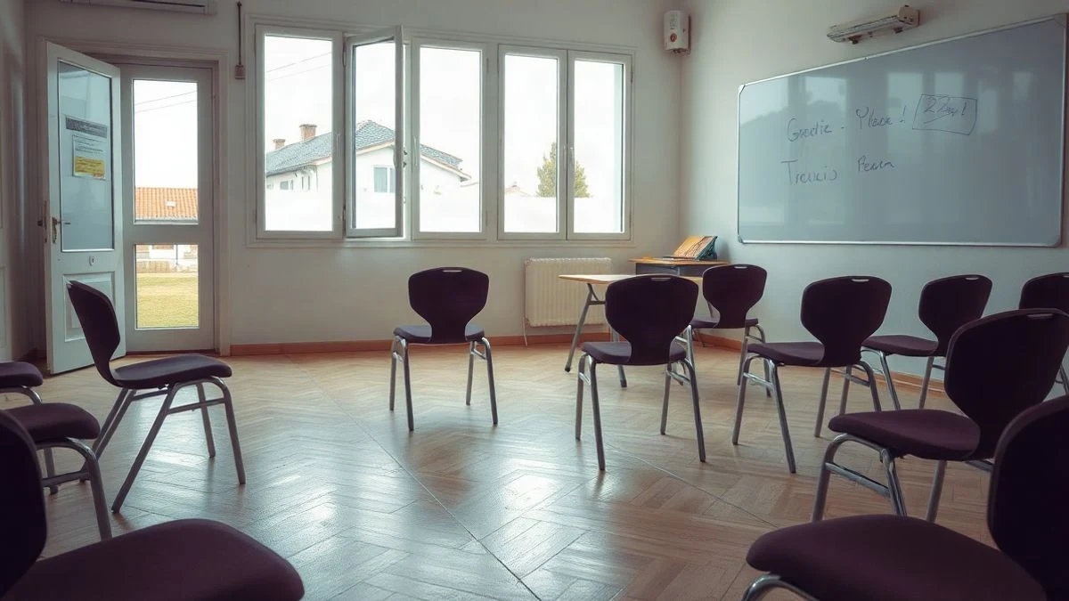 Imagen ilustrativa: sala de un centro social con sillas en círculo y pizarra, preparada para una formación.