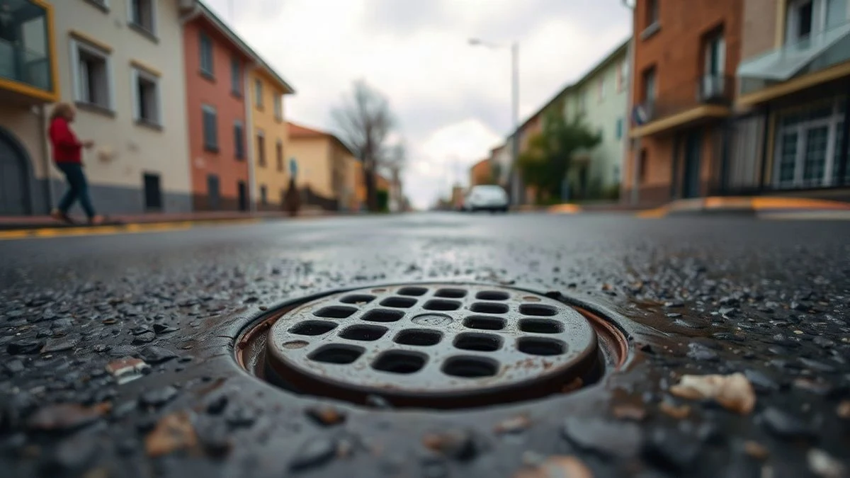 Imagen ilustrativa: una rejilla de desagüe en una calle con hojas y cielo nublado de fondo, sin personas.