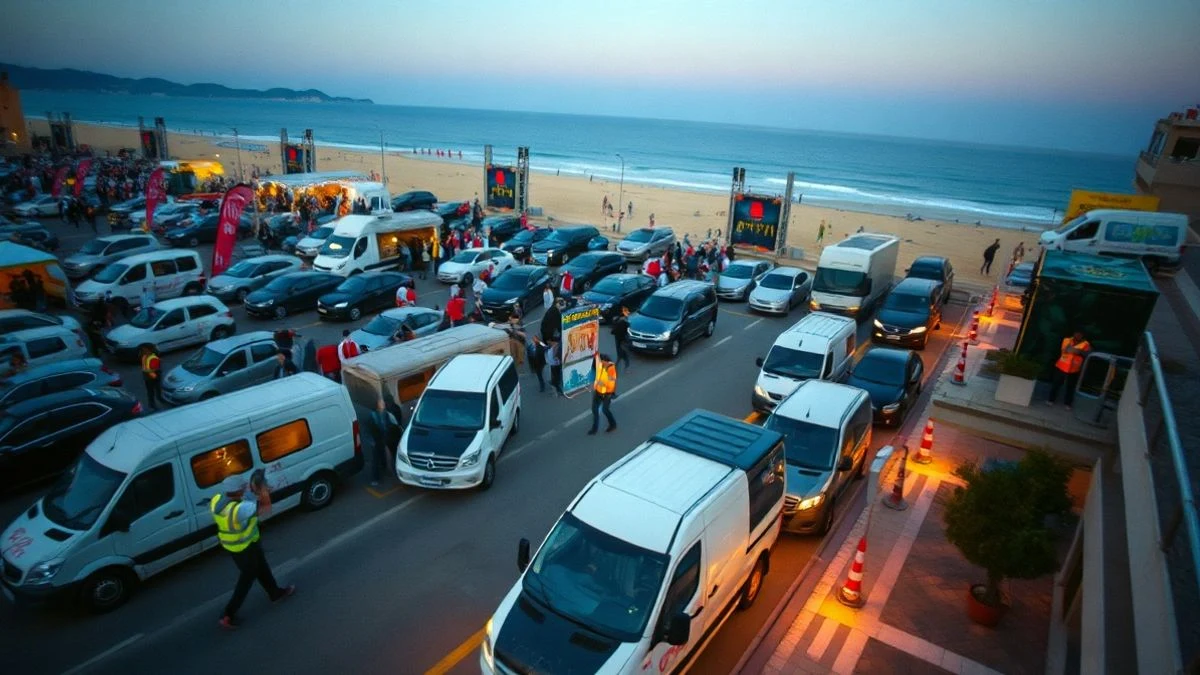 Imagen ilustrativa: vista aérea de un recinto de festival al aire libre junto a la playa, con escenarios y multitud de asistentes en la distancia.