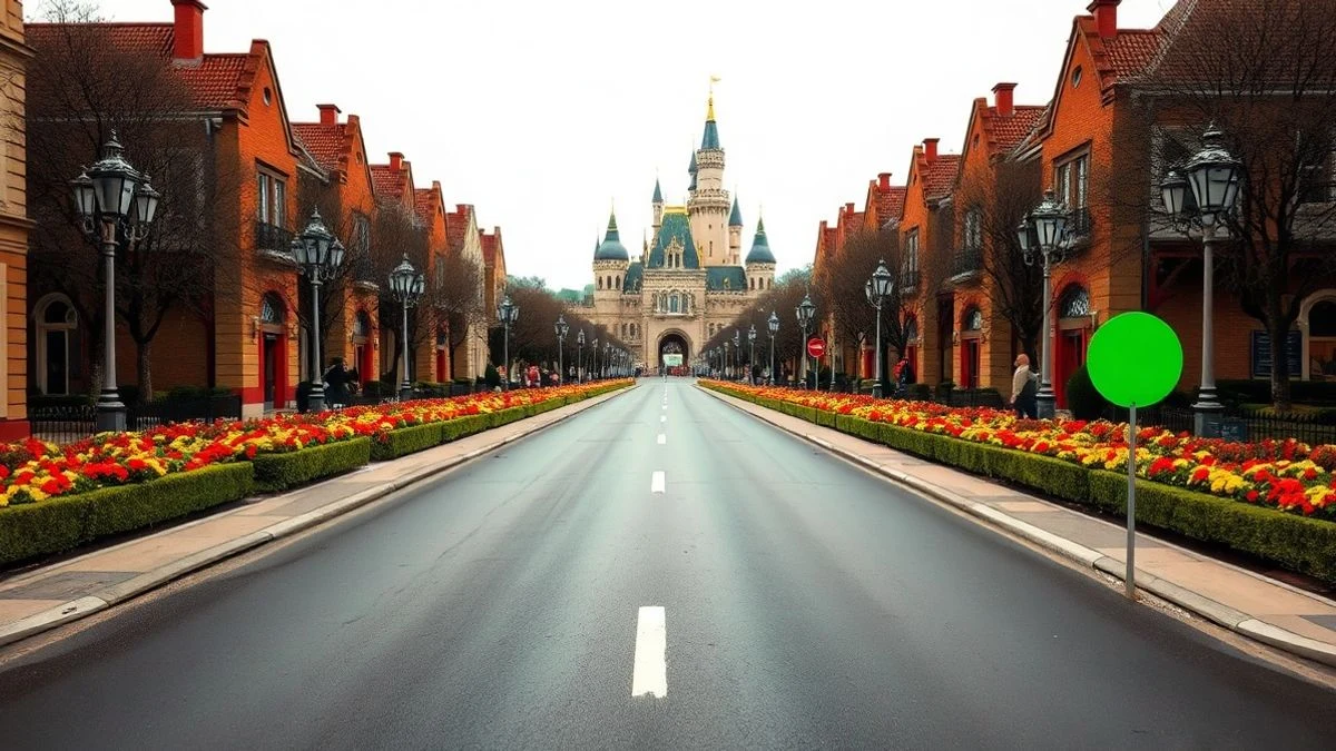 Imagen ilustrativa: calle principal de un parque temático europeo vacía, con un castillo de fondo y jardines laterales.