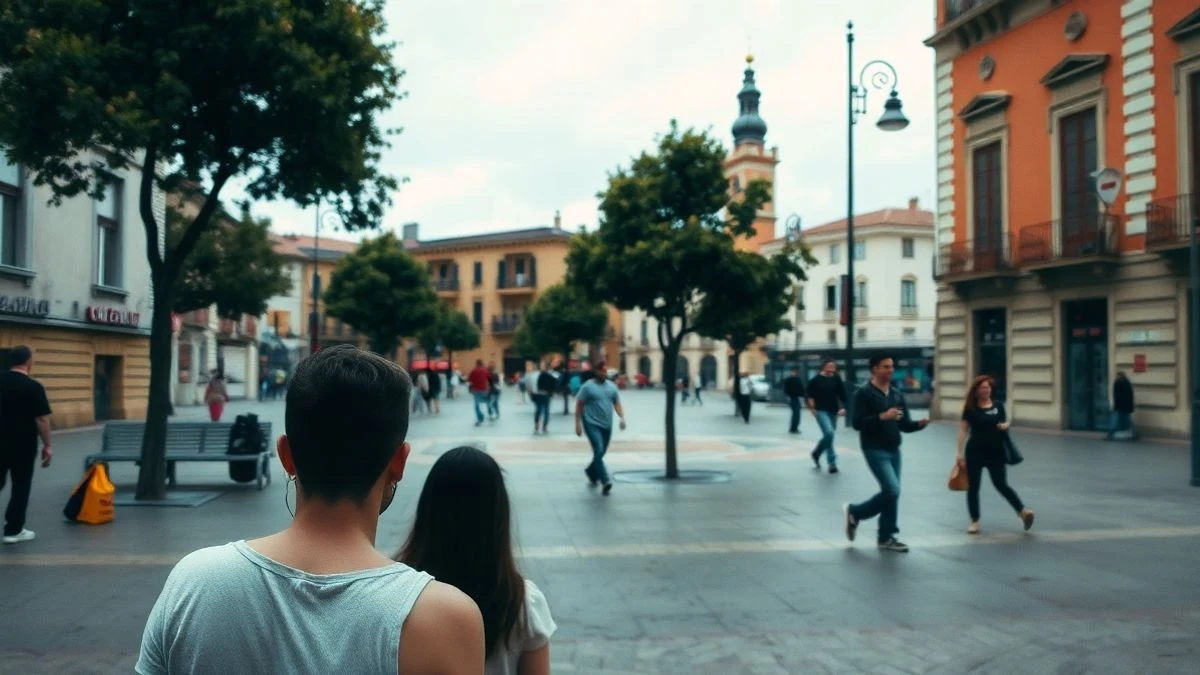 Imagen ilustrativa: grupo de personas observando un eclipse solar en una plaza pública con gafas especiales