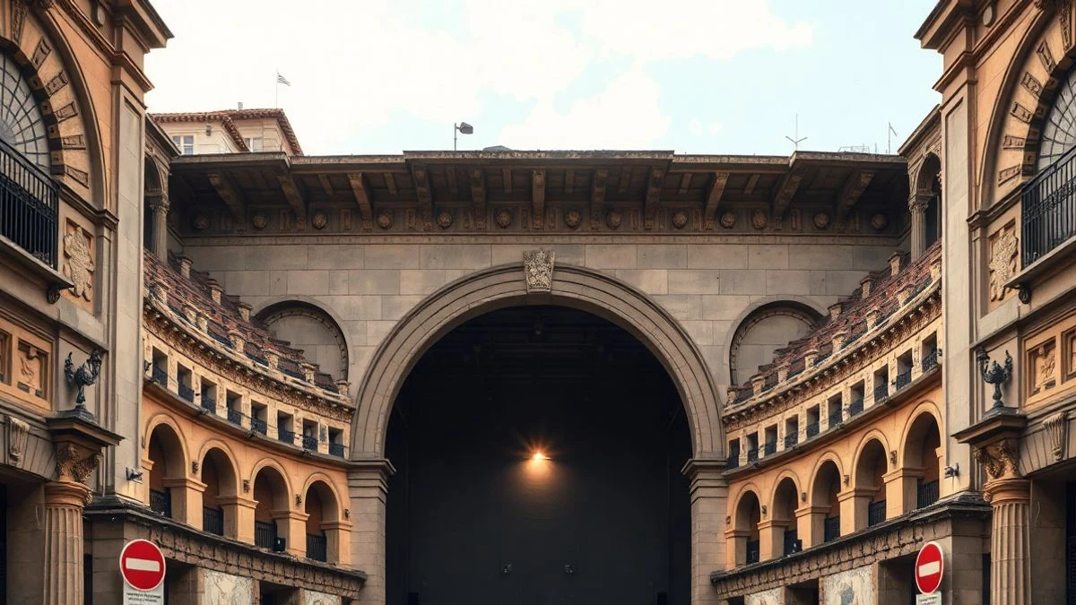 Imagen ilustrativa: interior de un teatro romano antiguo con gradas de piedra y un escenario vacío bajo un foco de luz