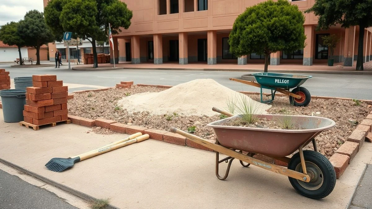 Imagen ilustrativa: obras de remodelación en un parque público con materiales de construcción y herramientas.