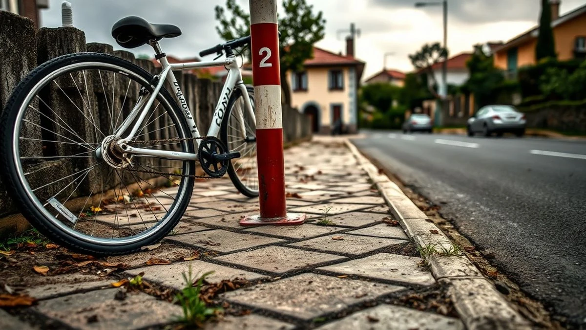 Imagen ilustrativa: bicicleta en el suelo junto a una carretera en un pueblo, con cartel indicador y casas al fondo