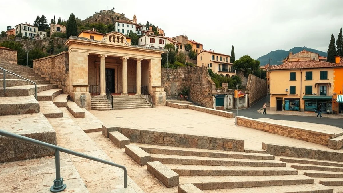 Imagen ilustrativa: vista de las gradas de piedra de un teatro romano antiguo, vacías, con el escenario al fondo y un cielo nublado.