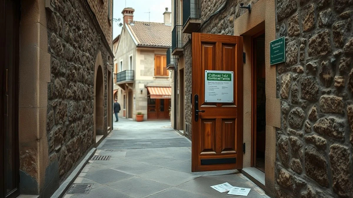 Imagen ilustrativa: una calle empedrada de un pueblo español con una puerta de madera entreabierta y folletos en el suelo.