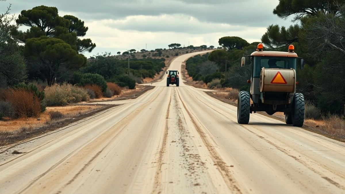 Imagen ilustrativa: un camino rural de tierra con vegetación mediterránea a ambos lados y un vehículo de mantenimiento al fondo.