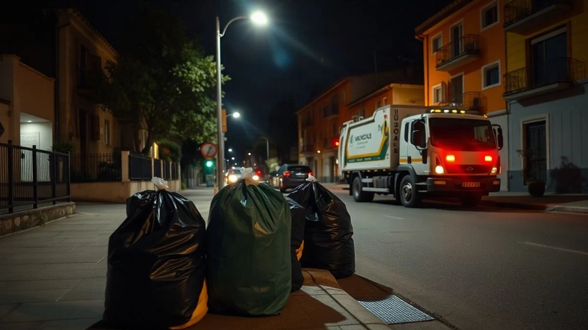 Imagen ilustrativa: bolsas de basura en la acera de una calle española por la noche, con un camión de recogida al fondo.