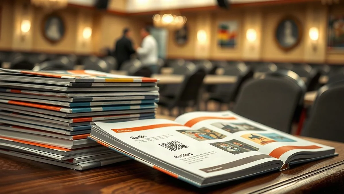 Imagen ilustrativa: un montón de guías impresas con portadas coloridas sobre una mesa, con una abierta mostrando códigos QR e ilustraciones.