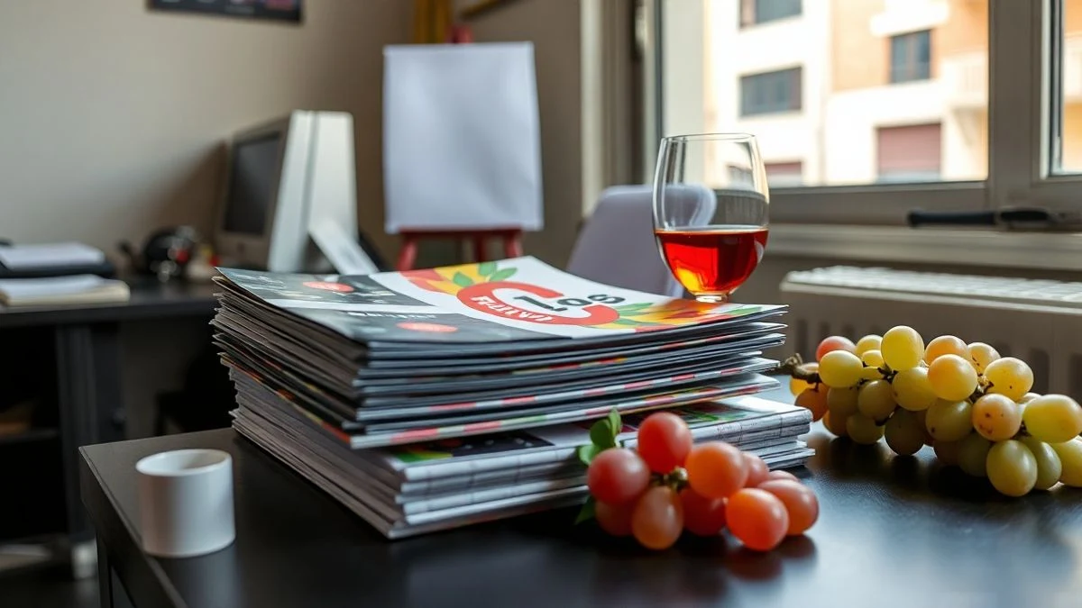 Imagen ilustrativa: varios folletos de fiestas apilados sobre una mesa con una copa de vino y uvas al fondo.