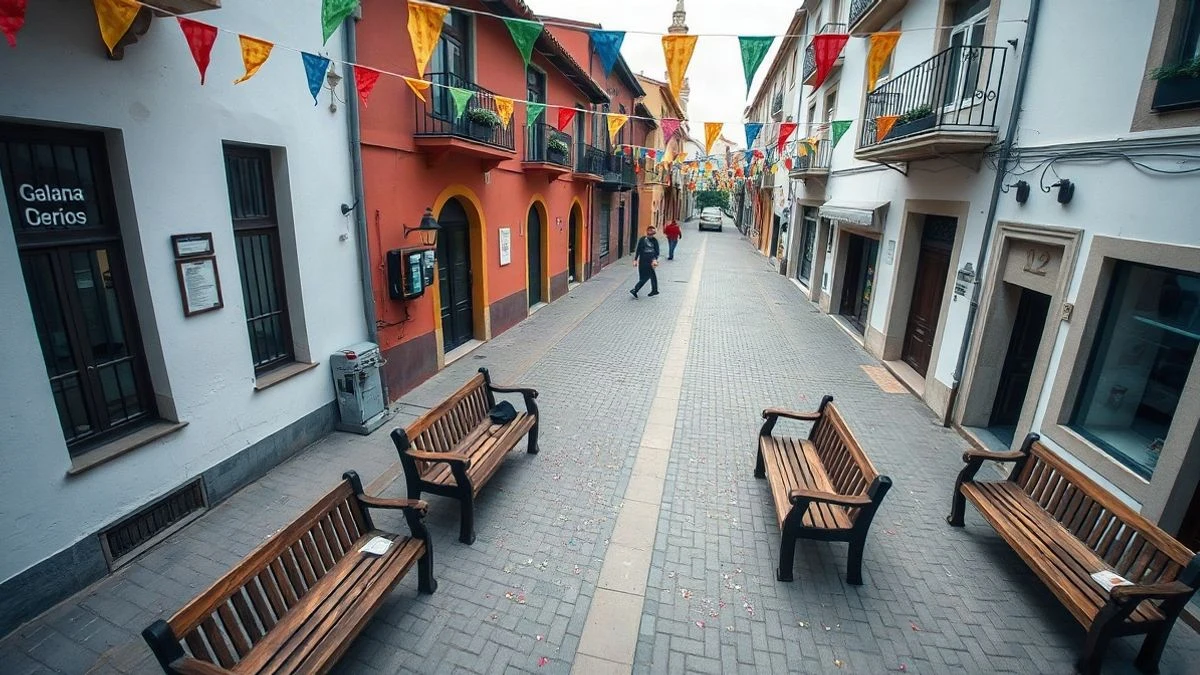 Imagen ilustrativa: vista cenital de una plaza de pueblo engalanada con banderines y confeti tras una fiesta local.