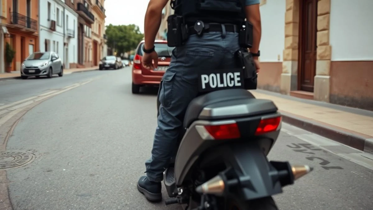 Imagen ilustrativa: un agente de policía revisa un patinete eléctrico en una calle de un pueblo, con coches aparcados al fondo.