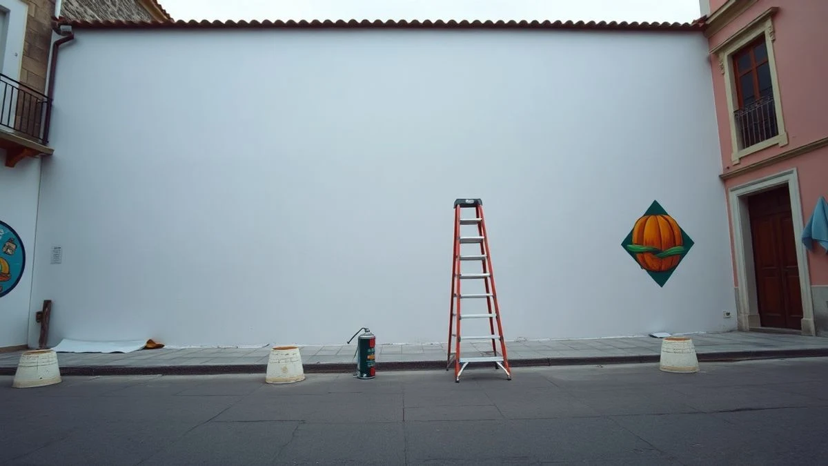 Imagen ilustrativa: una pared en blanco en una calle de un pueblo español, con pintura de graffiti al lado.