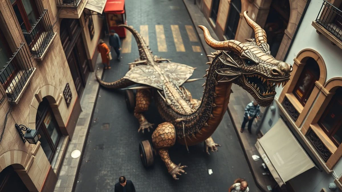 Imagen ilustrativa: vista cenital de una calle vacía con una estructura de dragón de hierro y madera