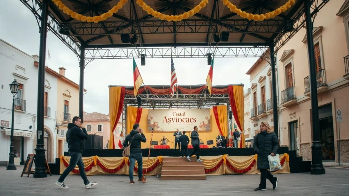 Imagen ilustrativa: escenario festivo en una plaza de un pueblo mediterráneo con banderines y decoración, a la luz de un día nublado.