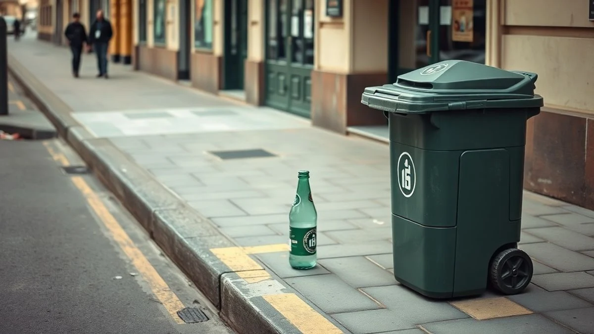 Imagen ilustrativa: contenedor verde de reciclaje de vidrio en una calle, con botellas junto a él