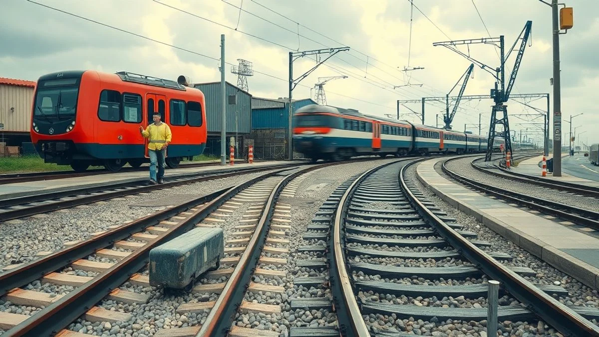 Imagen ilustrativa: vías de tren en un entorno industrial con un tren eléctrico de fondo