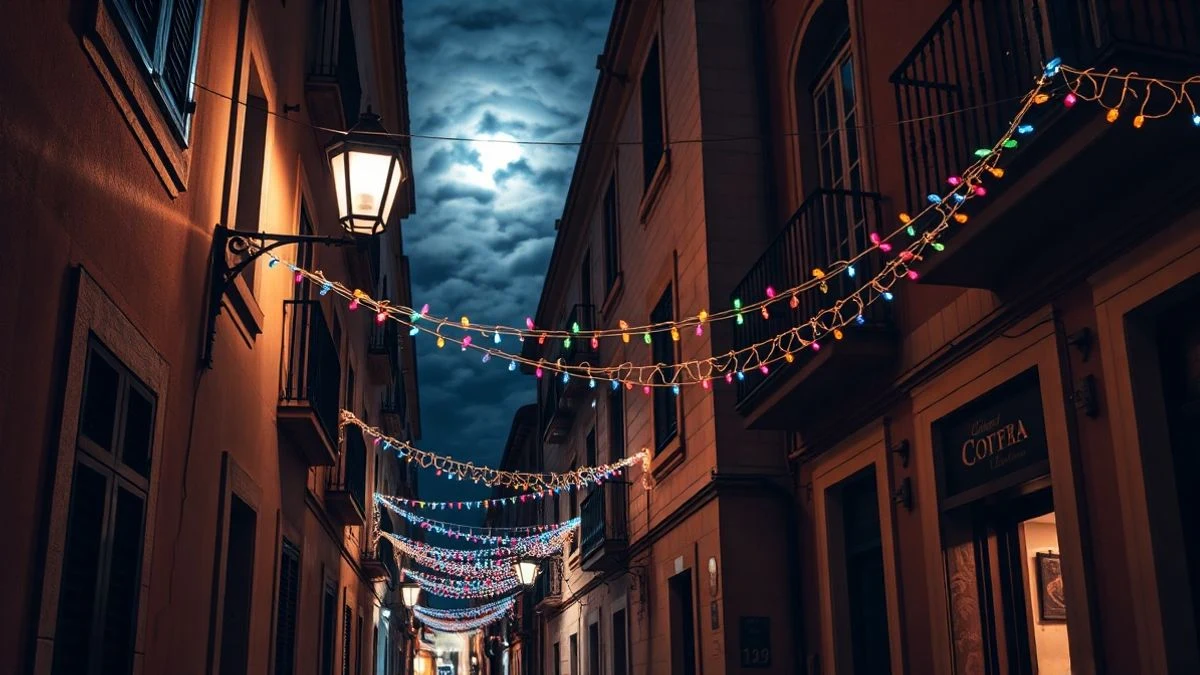 Imagen ilustrativa: calle nocturna con luces festivas colgadas entre edificios