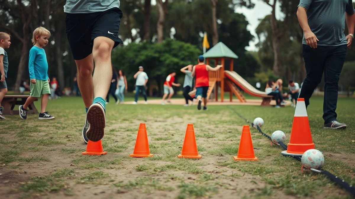 Imagen ilustrativa: un parque con una línea de meta y conos para una carrera infantil