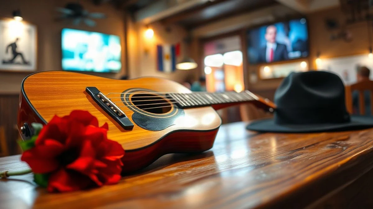 Imagen ilustrativa: una guitarra flamenca sobre una mesa con una flor roja y un sombrero, en un ambiente íntimo.