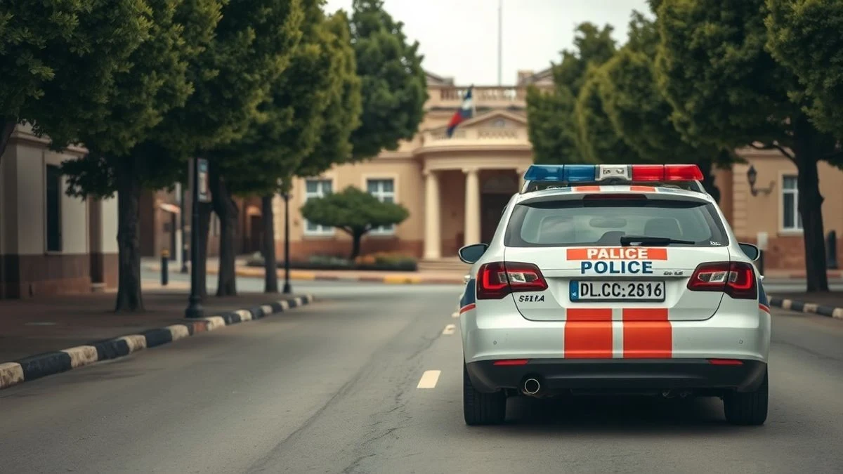 Imagen ilustrativa: un coche de policía patrulla por una calle residencial de un pueblo español, con un agente de espaldas y un edificio municipal al fondo.