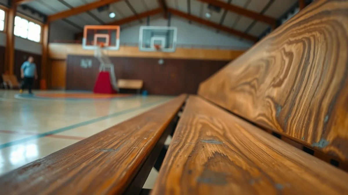 Imagen ilustrativa: banco de madera en un polideportivo municipal con canasta al fondo