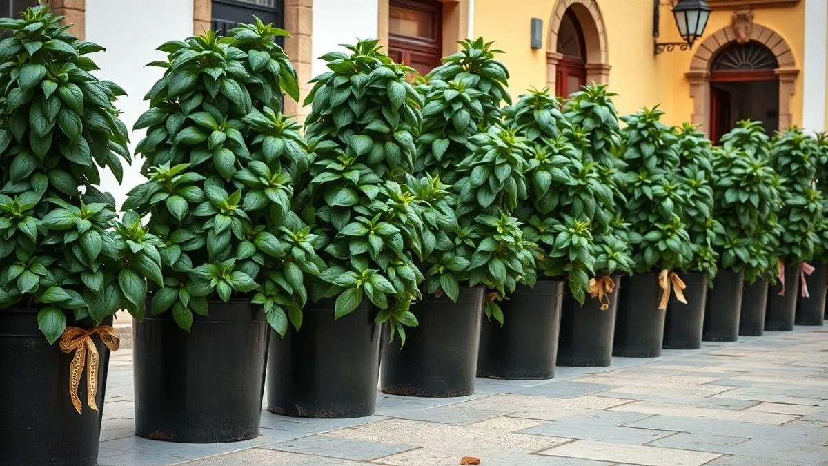 Imagen ilustrativa: hileras de plantas de albahaca en macetas en una plaza de un pueblo español, con luz diurna.